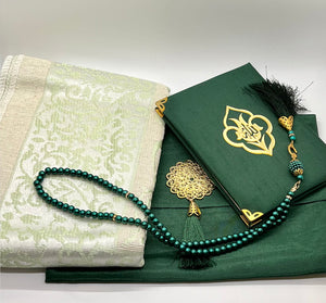 Prayer rug, subha, and Qur'an selection set